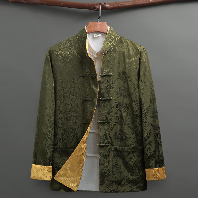 Buddha Stones Men's Frog-Button Tang Suit Koi Fish Pattern Long Sleeve Shirt With Pockets - Olive Green+Yellow - US/UK/AU42，EU52 (3XL) - image 13