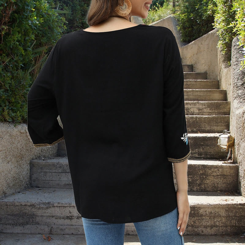 Buddha Stones Black Casual Embroidery Rose Pattern Three Quarter Sleeve Crew Neck Cotton Women's T-Shirt - image 3