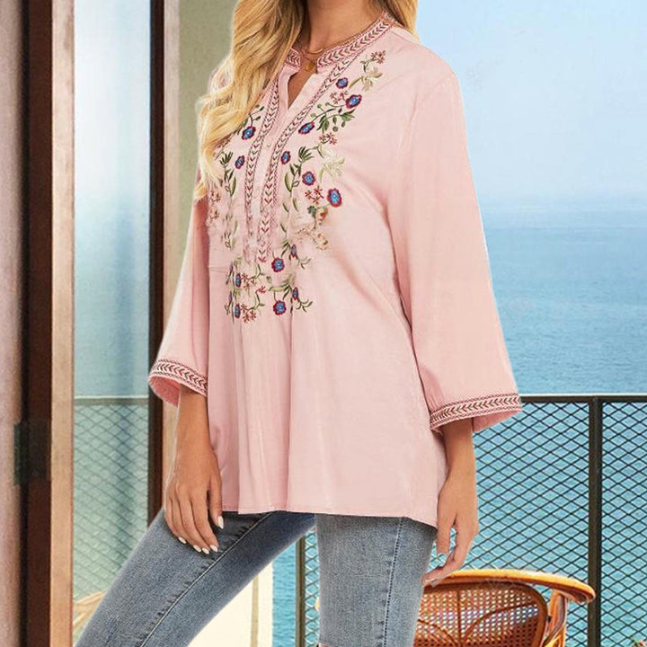 Buddha Stones Pure Color Embroidery Flower Design Long Sleeve V-Neck Cotton Women's T-Shirt - image 3