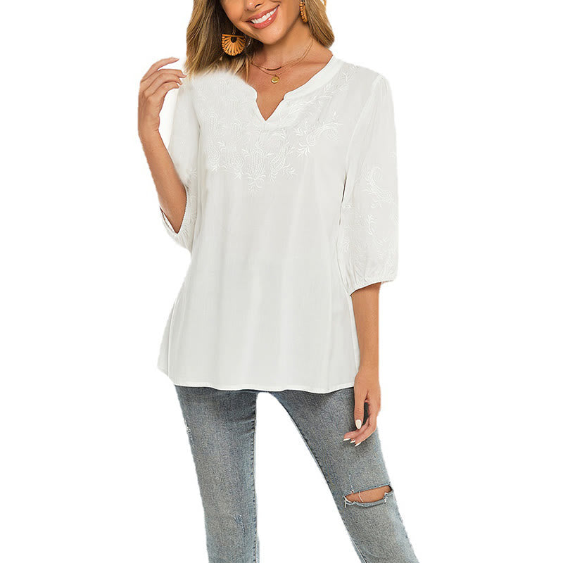 Buddha Stones Casual Solid Color Embroidery Flower Three Quarter Sleeve V-Neck Cotton Women's T-Shirt - image 1