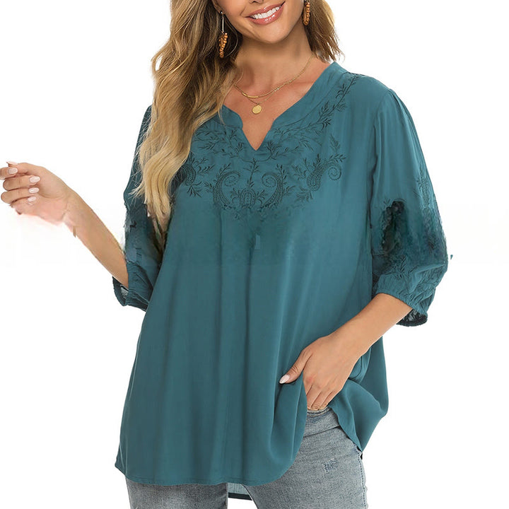 Buddha Stones Casual Solid Color Embroidery Flower Three Quarter Sleeve V-Neck Cotton Women's T-Shirt - image 7