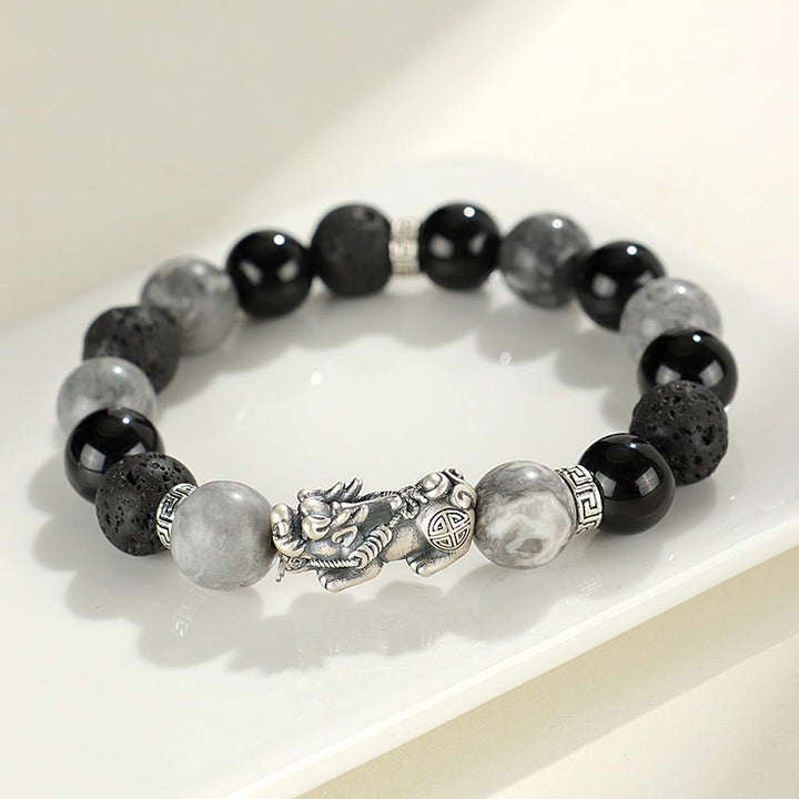 Buddha Stones 999 Sterling Silver PiXiu Black Onyx Grey Jasper Lava Rock Protection Bracelet - Black Onyx&Grey Jasper&Lava Rock(Wrist Circumference: 14-15cm) - image 0