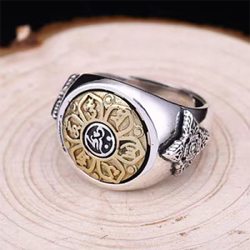 Buddha Stones Tibetan Om Mani Padme Hum Vajra Pattern Copper Focus Rotatable Ring - Gloden - image 7