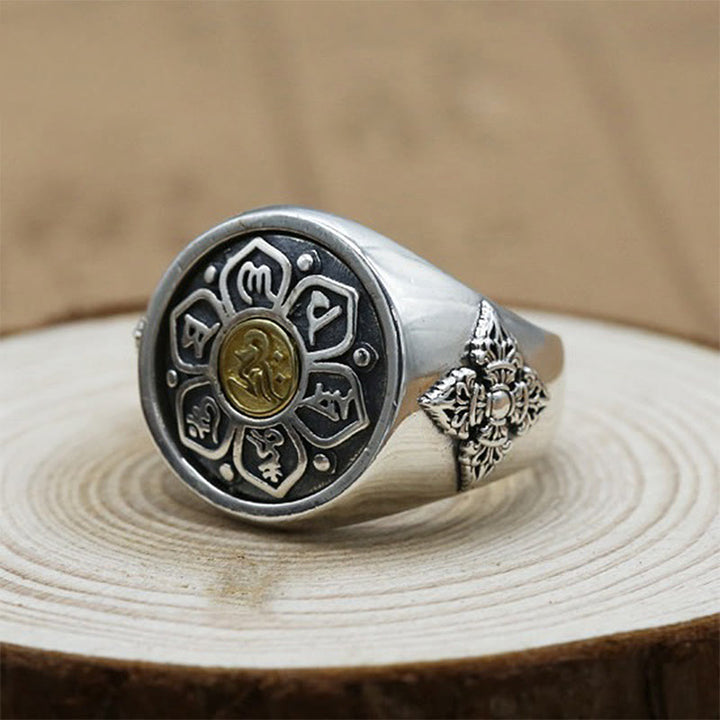 Buddha Stones Tibetan Om Mani Padme Hum Vajra Pattern Copper Focus Rotatable Ring - Silvery&Gloden - image 3