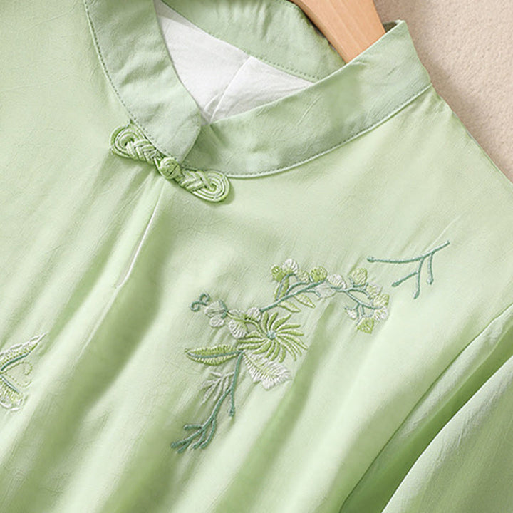 Buddha Stones Embroidery Plants Flower Half Sleeve Plain Frog-Button Stand Collar Women's Shirt - image 3
