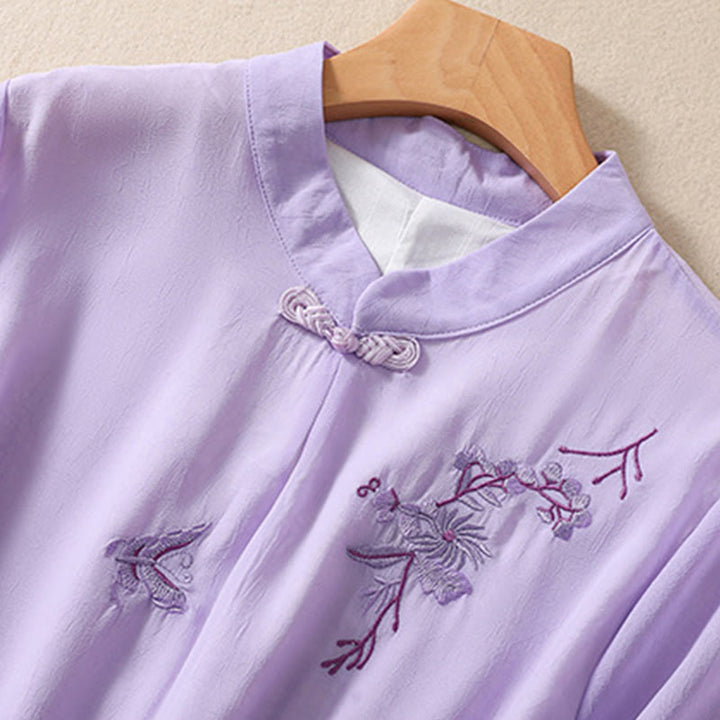 Buddha Stones Embroidery Plants Flower Half Sleeve Plain Frog-Button Stand Collar Women's Shirt - image 21