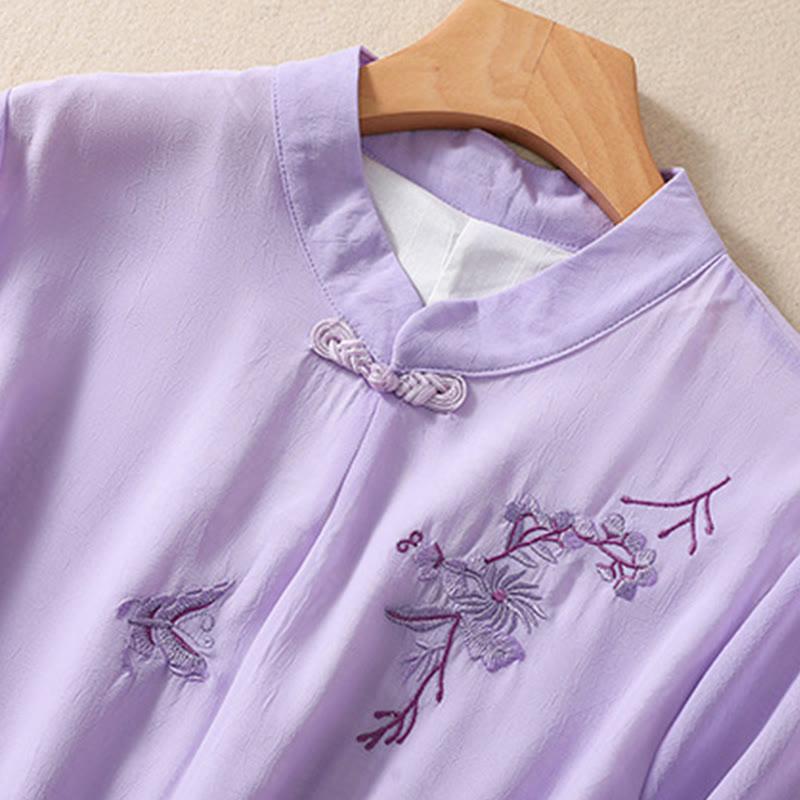Buddha Stones Embroidery Plants Flower Half Sleeve Plain Frog-Button Stand Collar Women's Shirt - image 21