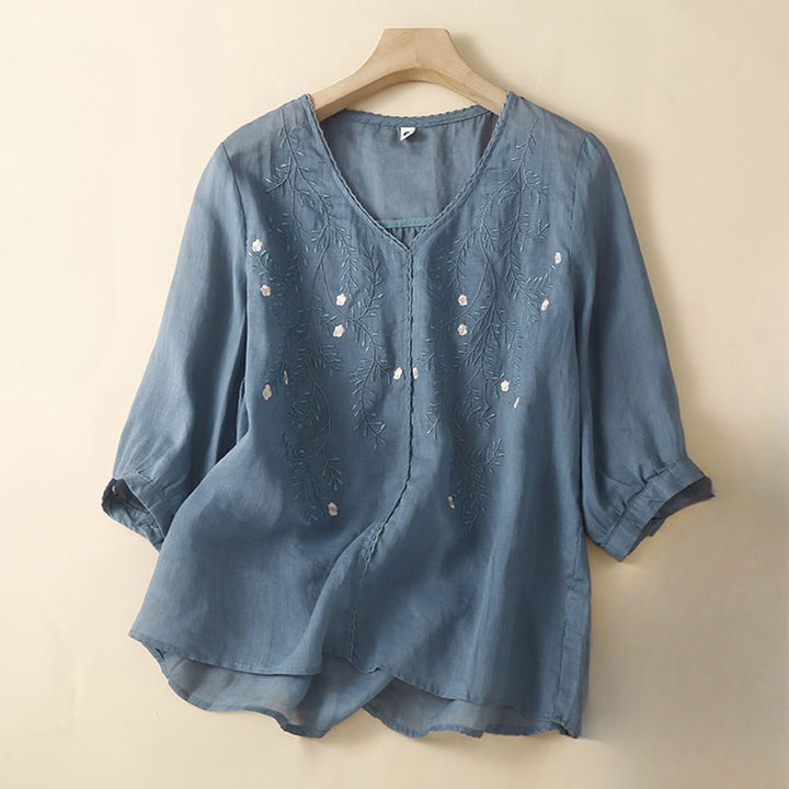 Buddha Stones Summer Casual Flower Branches Embroidered Pattern V-Neck Half Sleeve Women's T-shirt - SteelBlue - US8-10，UK/AU12-14，EU40-42 (2XL) - image 3