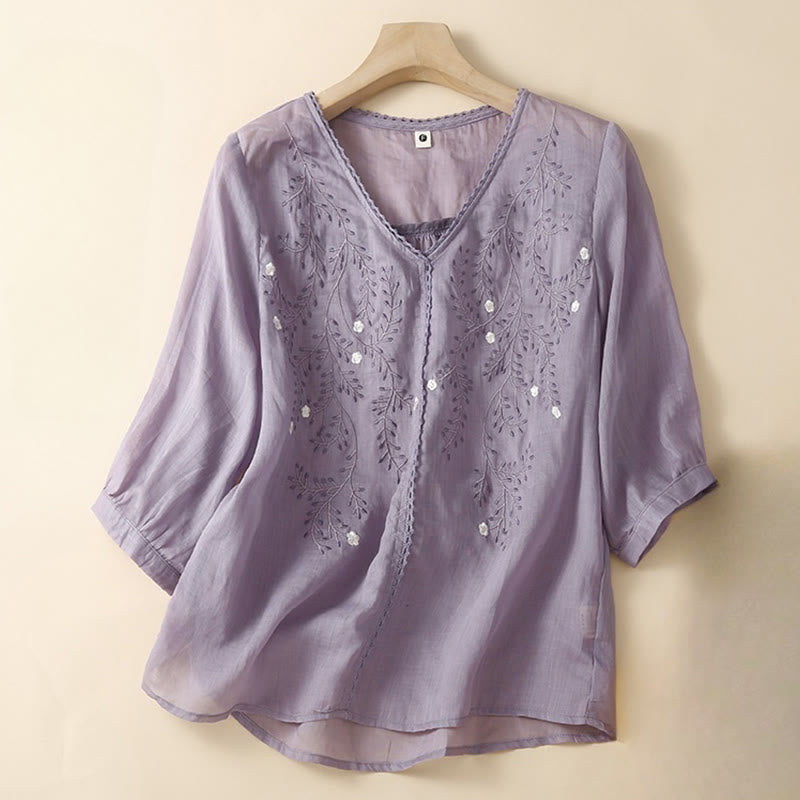 Buddha Stones Summer Casual Flower Branches Embroidered Pattern V-Neck Half Sleeve Cotton Linen Women's T-shirt - MediumOrchid - US8-10，UK/AU12-14，EU40-42 (2XL) - image 7