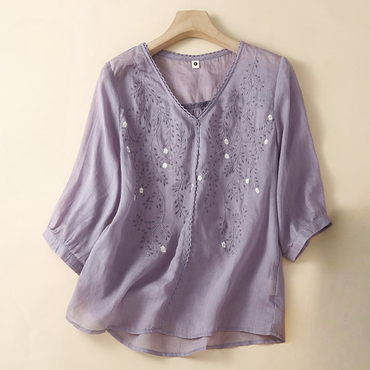 Buddha Stones Summer Casual Flower Branches Embroidered Pattern V-Neck Half Sleeve Cotton Linen Women's T-shirt - MediumOrchid - US8-10，UK/AU12-14，EU40-42 (2XL) - image 7