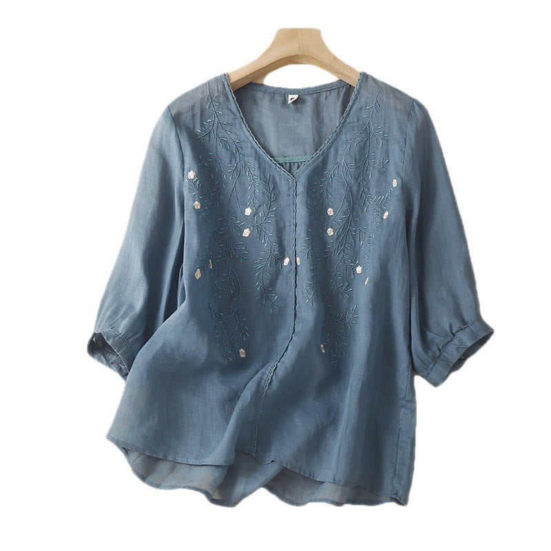 Buddha Stones Summer Casual Flower Branches Embroidered Pattern V-Neck Half Sleeve Cotton Linen Women's T-shirt - image 5