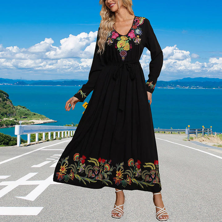 Buddha Stones Black Solid Color Loose Ethnic Embroidery Floral Pattern Cotton Maxi Dress - Black - US12，UK/AU16，EU44 (3XL) - image 0
