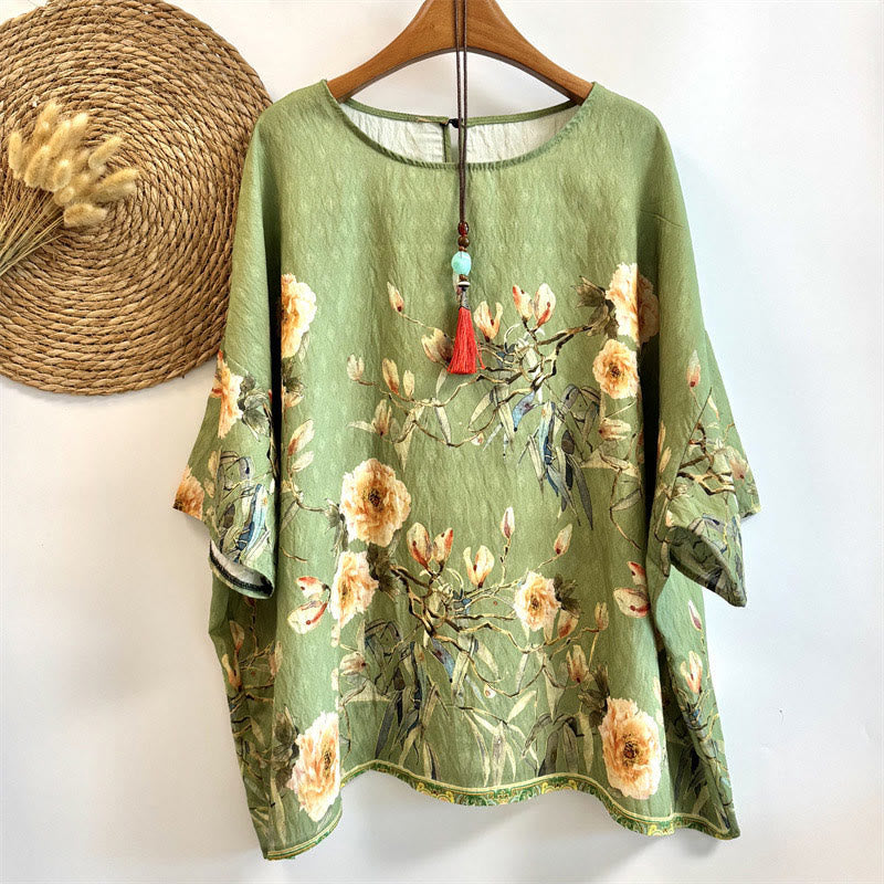 Buddha Stones Casual Loose Print Petals Women's Crew Neck Design Half Sleeve Polyester T-shirt - YellowGreen - US4-14，UK/AU8-18，EU36-46 (F) - image 0