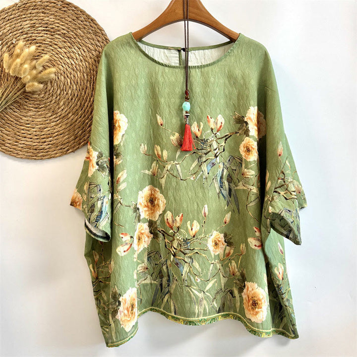 Buddha Stones Casual Loose Print Petals Women's Crew Neck Design Half Sleeve Polyester T-shirt - YellowGreen - US4-14，UK/AU8-18，EU36-46 (F) - image 0