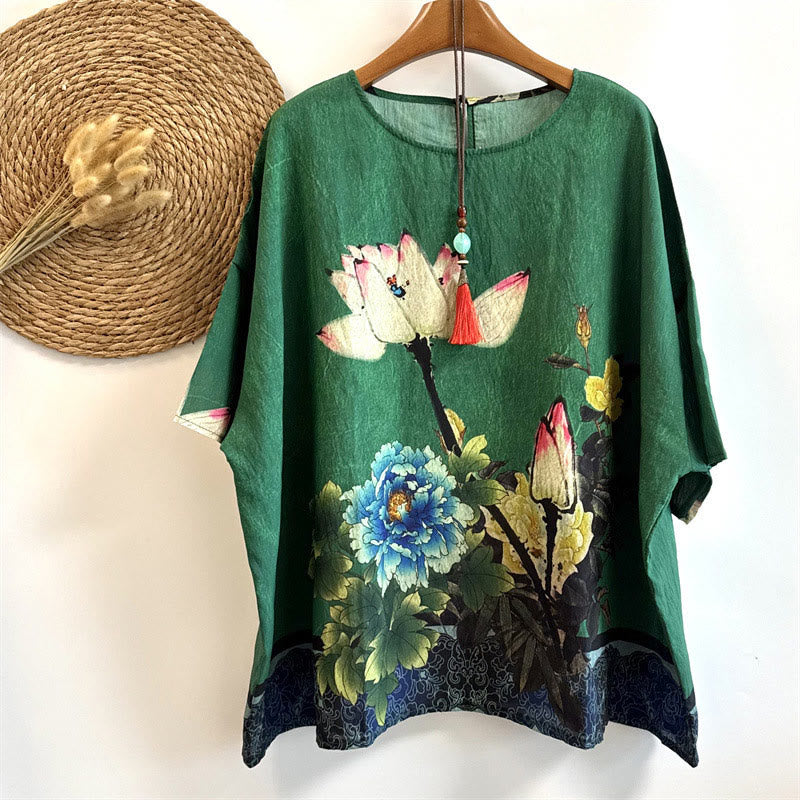 Buddha Stones Casual Loose Printed Lotus Peony Flowers Women's Crew Neck Design Half Sleeve Polyester T-shirt - SeaGreen - US4-14，UK/AU8-18，EU36-46 (F) - image 0