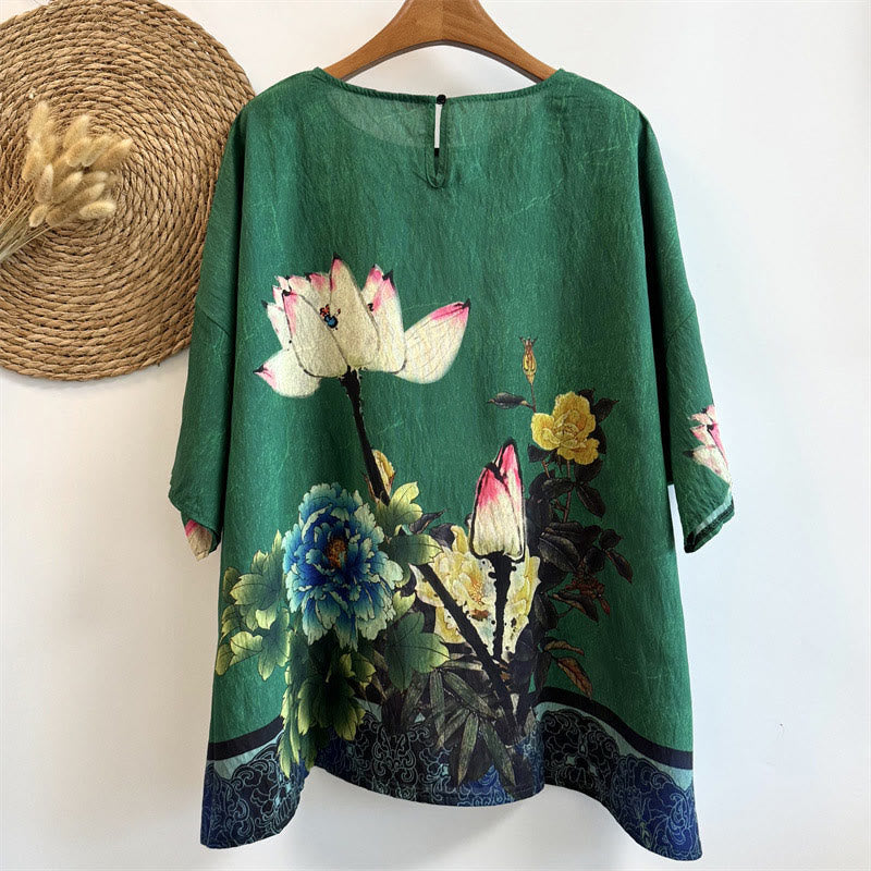 Buddha Stones Casual Loose Printed Lotus Peony Flowers Women's Crew Neck Design Half Sleeve Polyester T-shirt - image 1