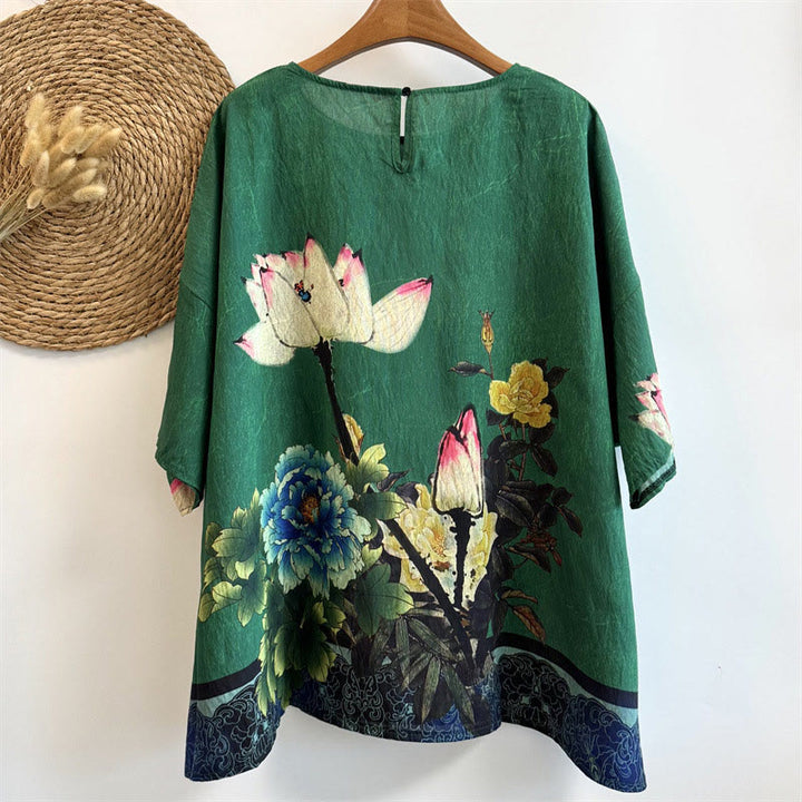 Buddha Stones Casual Loose Printed Lotus Peony Flowers Women's Crew Neck Design Half Sleeve Polyester T-shirt - image 1