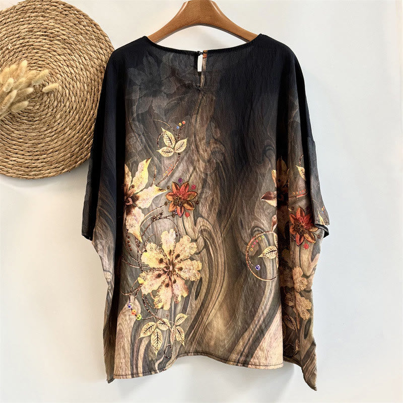Buddha Stones Casual Loose Printed Flowers Leaves Women's Crew Neck Design Half Sleeve Polyester T-shirt - image 1
