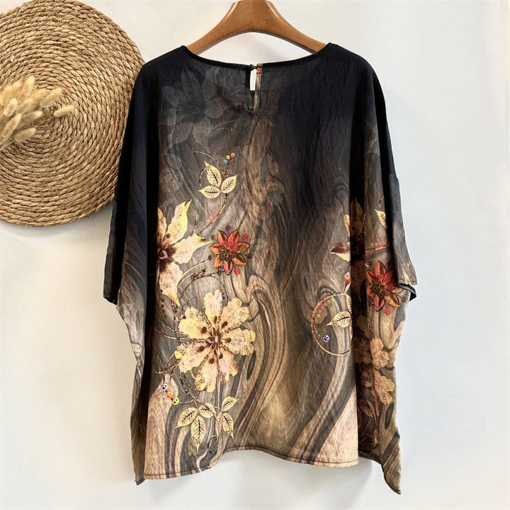 Buddha Stones Casual Loose Printed Flowers Leaves Women's Crew Neck Design Half Sleeve Polyester T-shirt - image 1