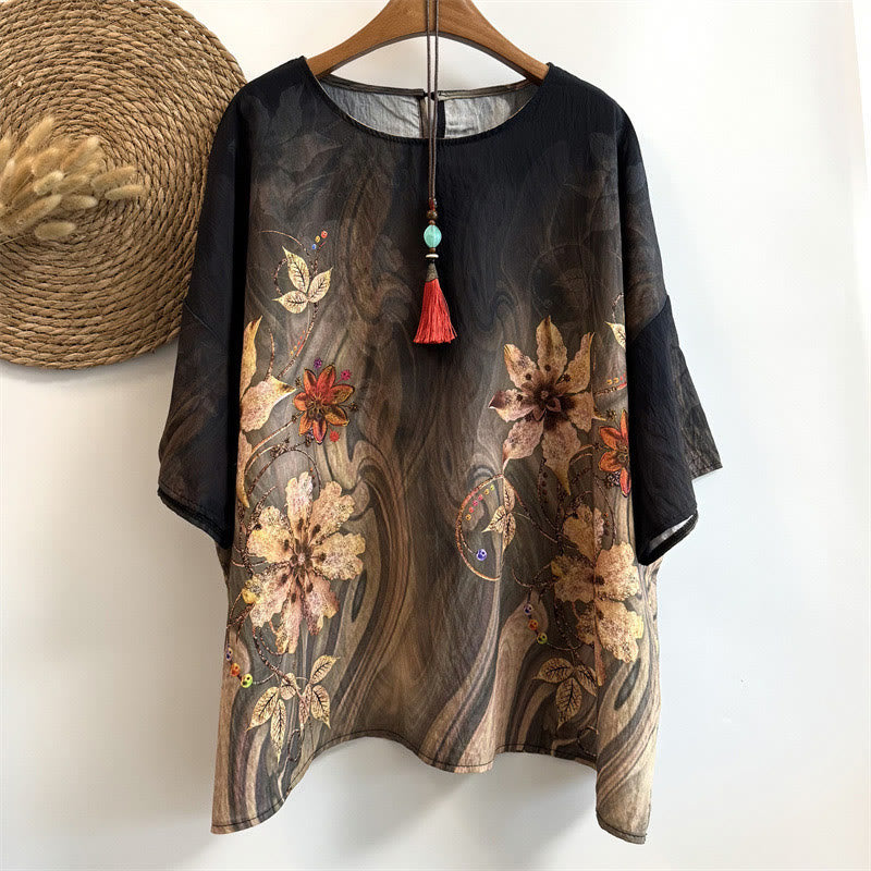 Buddha Stones Casual Loose Printed Flowers Leaves Women's Crew Neck Design Half Sleeve Polyester T-shirt - Sienna - US4-14，UK/AU8-18，EU36-46 (F) - image 0