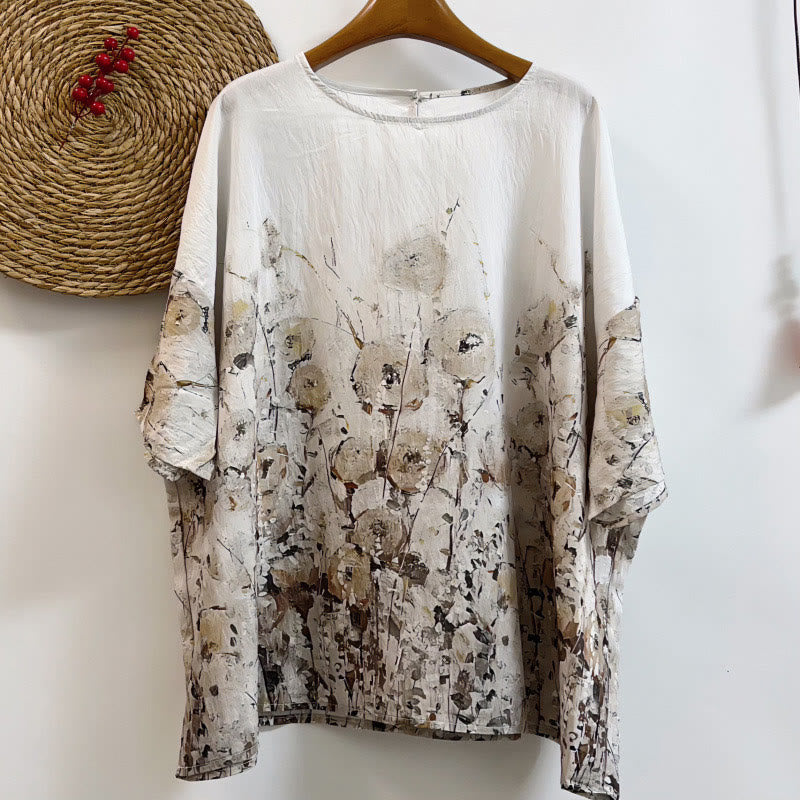 Buddha Stones Casual Loose Printed Petal Bush Women's Crew Neck Design Half Sleeve Polyester T-shirt - FloralWhite - US4-14，UK/AU8-18，EU36-46 (F) - image 0
