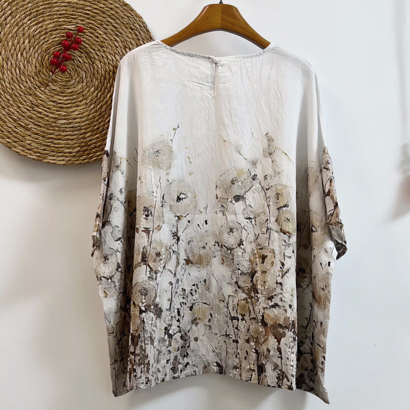 Buddha Stones Casual Loose Printed Petal Bush Women's Crew Neck Design Half Sleeve Polyester T-shirt - image 1