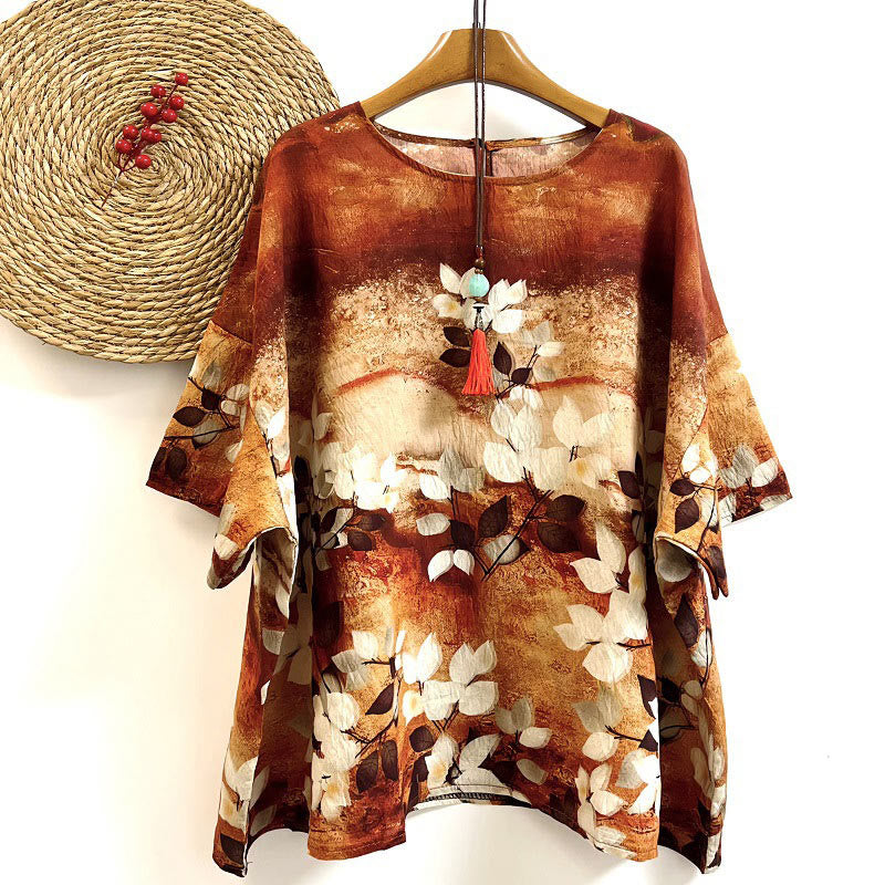 Buddha Stones Casual Printed Leaf Plants Women's Crew Neck Design Half Sleeve Polyester T-shirt - Chocolate - US4-14，UK/AU8-18，EU36-46 (F) - image 0