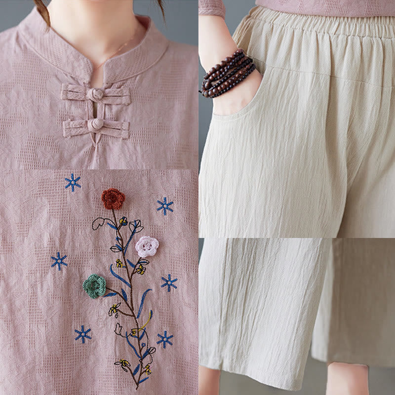 Buddha Stones Vintage Summer Stereoscopic Flower Embroidery Three Quarter Sleeve Frog-Button Cotton Linen Women's Shirt - image 15