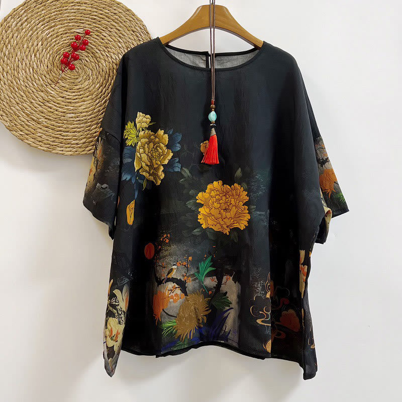 Buddha Stones Casual Printed Auspicious Clouds Various Petals Women's Crew Neck Design Half Sleeve Polyester T-shirt - Black - US4-14，UK/AU8-18，EU36-46 (F) - image 0