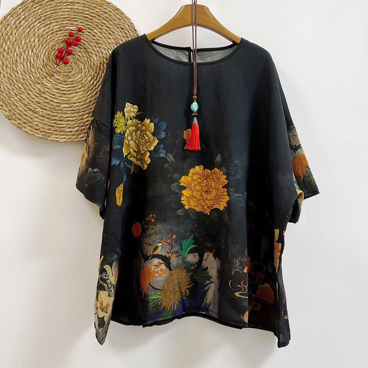 Buddha Stones Casual Printed Auspicious Clouds Various Petals Women's Crew Neck Design Half Sleeve Polyester T-shirt - Black - US4-14，UK/AU8-18，EU36-46 (F) - image 0