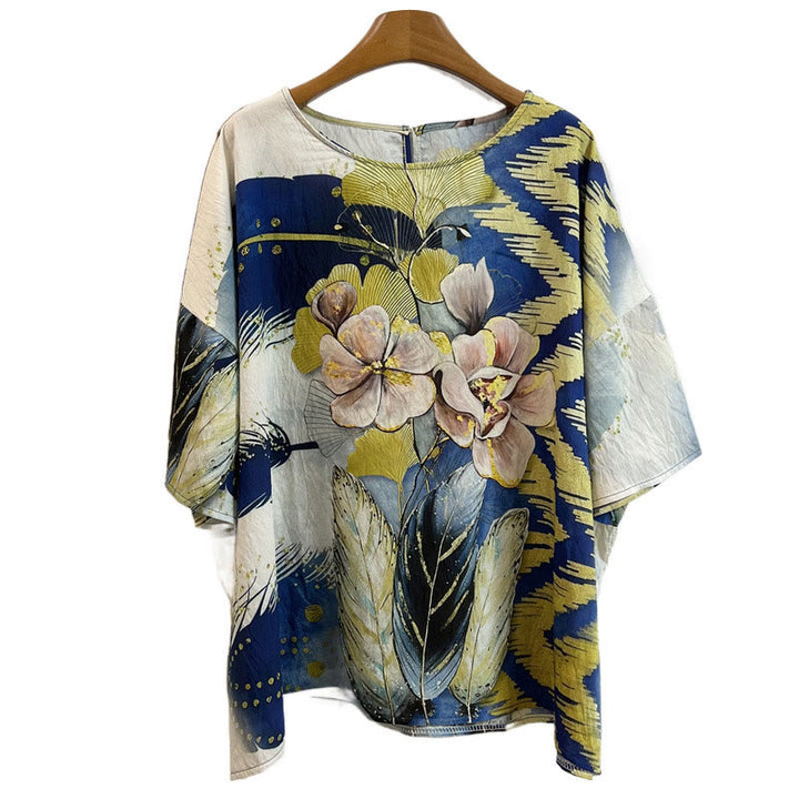 Buddha Stones Casual Flower Leaves Feather Women's Crew Neck Design Half Sleeve Polyester T-shirt - image 2