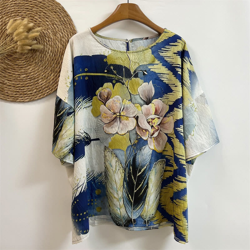Buddha Stones Casual Flower Leaves Feather Women's Crew Neck Design Half Sleeve Polyester T-shirt - Beige - US4-14，UK/AU8-18，EU36-46 (F) - image 0