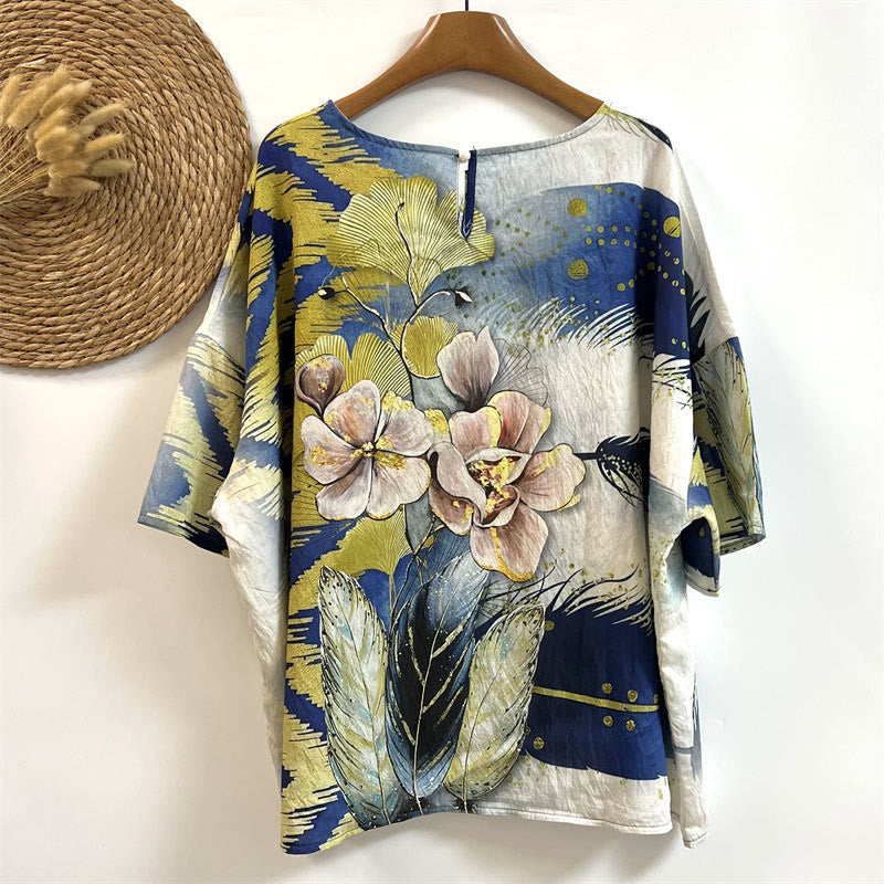 Buddha Stones Casual Flower Leaves Feather Women's Crew Neck Design Half Sleeve Polyester T-shirt - image 1