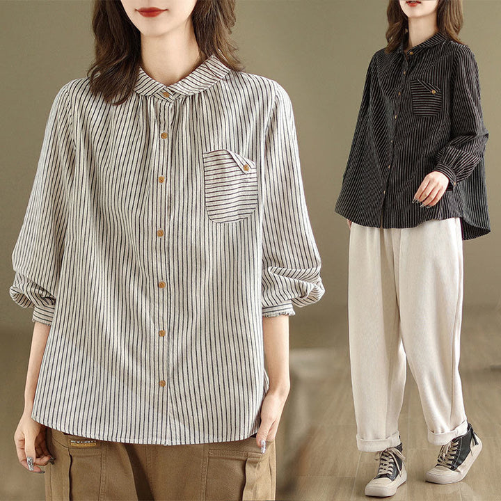 Buddha Stones Spring Causal Splice Design Striped Long Sleeve Button Lapel Cotton Linen Women's Shirt With Pocket - image 16