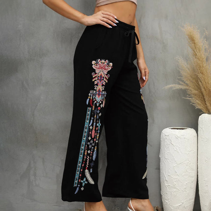 Buddha Stones Black Casual Ethnic Embroidery Cotton Linen Drawstring Women's Pants With Pockets - image 3