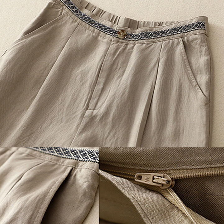 Buddha Stones Summer Plain Color 7-8 Length Cotton Linen Women's Wide Leg Pants With Pockets Zipper - image 14