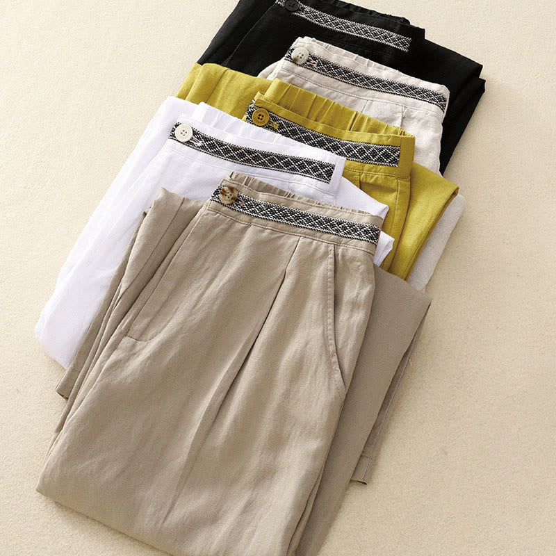 Buddha Stones Summer Plain Color 7-8 Length Cotton Linen Women's Wide Leg Pants With Pockets Zipper - image 24