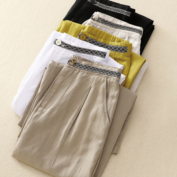 Buddha Stones Summer Plain Color 7-8 Length Cotton Linen Women's Wide Leg Pants With Pockets Zipper - image 24