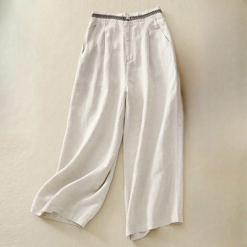 Buddha Stones Summer Plain Color 7-8 Length Cotton Linen Women's Wide Leg Pants With Pockets Zipper - Beige - US8-10，UK/AU12-14，EU40-42 (2XL) - image 5