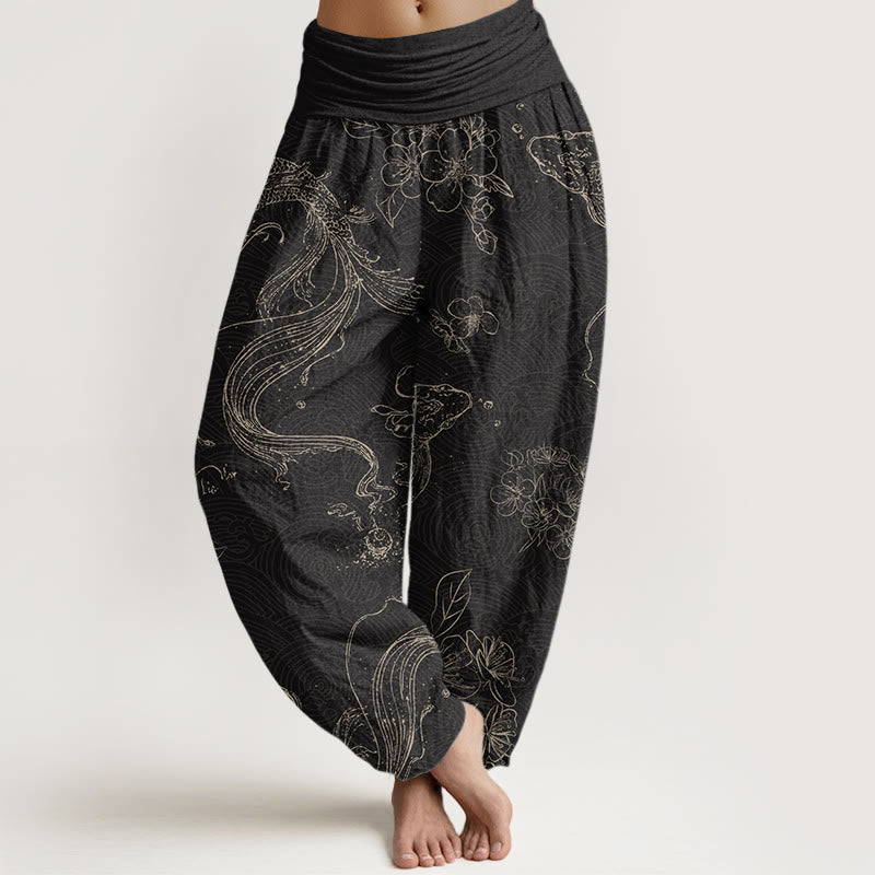 Buddha Stones Koi Fish Floral Pattern Women's Elastic Waist Harem Pants - Black - US22，UK/AU26，EU54 (6XL) - image 0