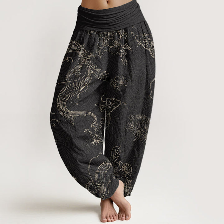 Buddha Stones Koi Fish Floral Pattern Women's Elastic Waist Harem Pants - Black - US22，UK/AU26，EU54 (6XL) - image 0