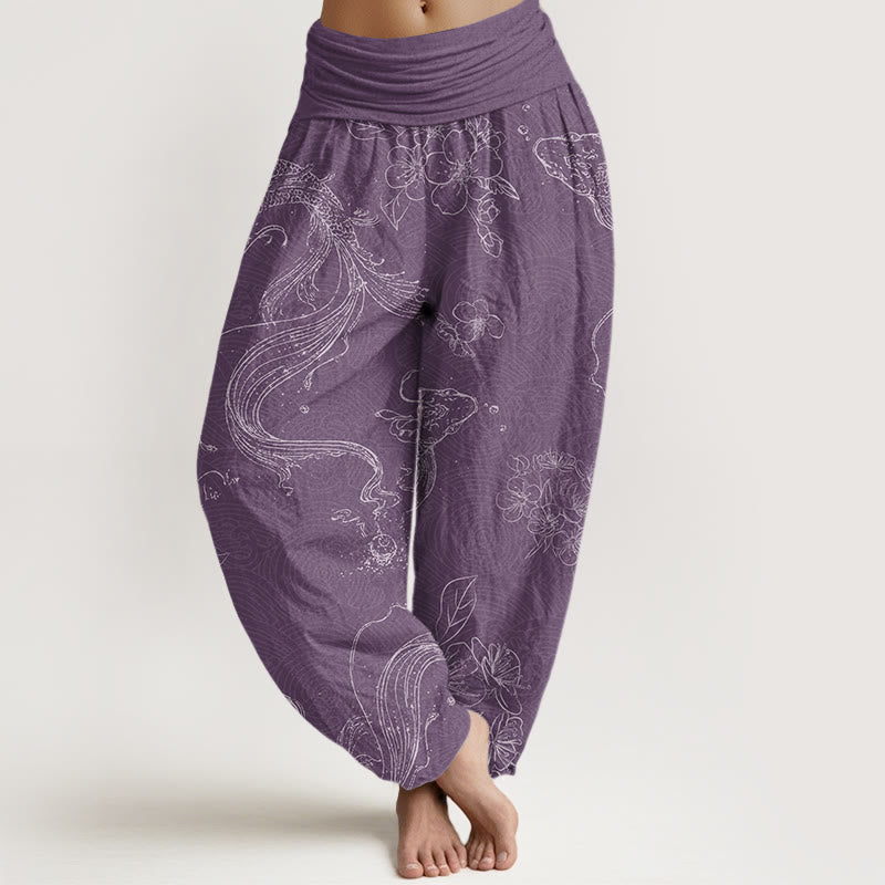 Buddha Stones Koi Fish Floral Pattern Women's Elastic Waist Harem Pants - MediumPurple - US22，UK/AU26，EU54 (6XL) - image 4