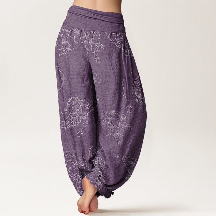 Buddha Stones Koi Fish Floral Pattern Women's Elastic Waist Harem Pants - image 6