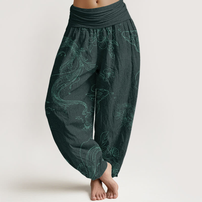 Buddha Stones Koi Fish Floral Pattern Women's Elastic Waist Harem Pants - DarkCyan - US22，UK/AU26，EU54 (6XL) - image 7