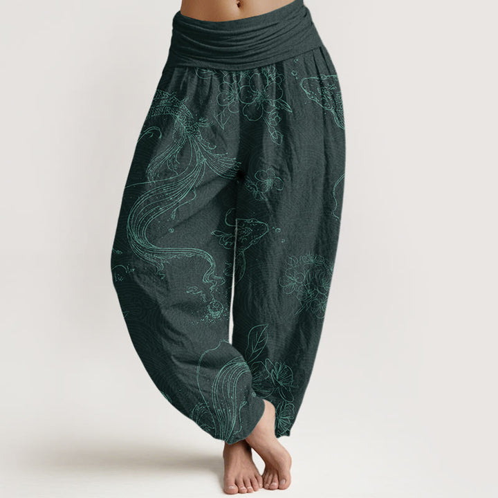 Buddha Stones Koi Fish Floral Pattern Women's Elastic Waist Harem Pants - DarkCyan - US22，UK/AU26，EU54 (6XL) - image 7