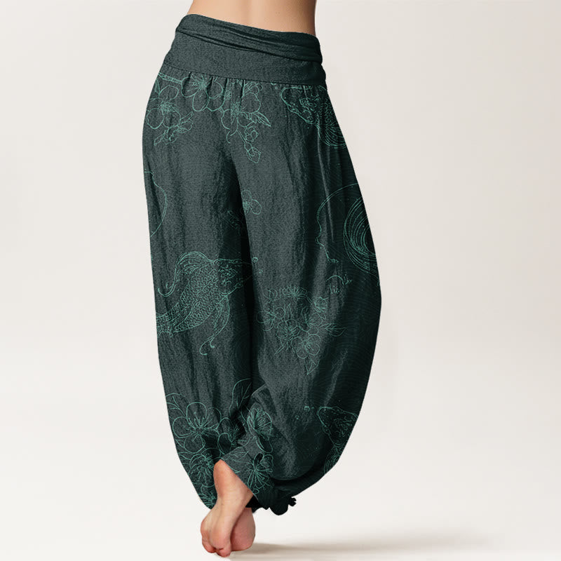 Buddha Stones Cotton Koi Fish Floral Pattern Women's Elastic Waist Harem Pants - image 9