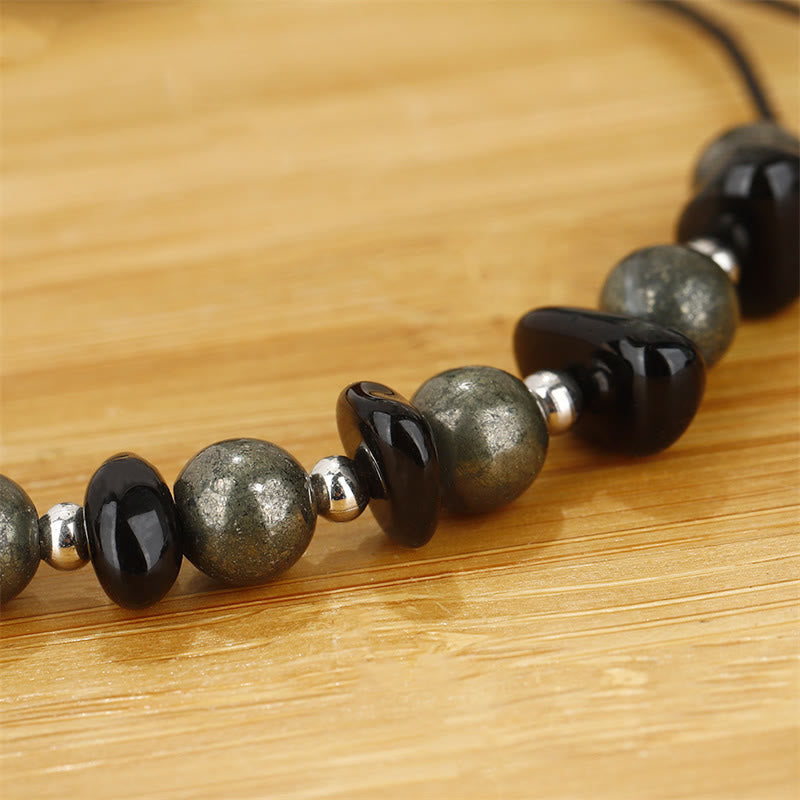 Buddha Stones I Am Protected Iron Pyrite Black Obsidian Fulfillment Bracelet - image 9