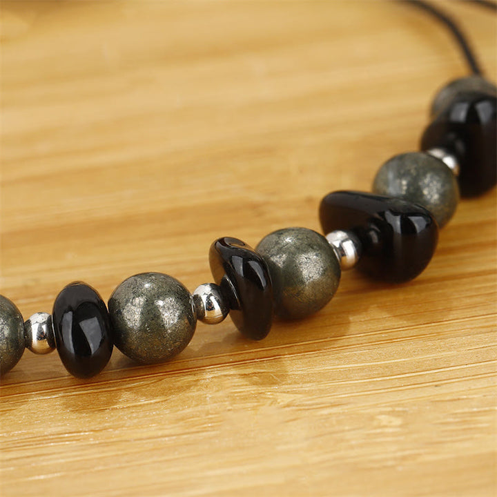 Buddha Stones I Am Protected Iron Pyrite Black Obsidian Fulfillment Bracelet - image 9