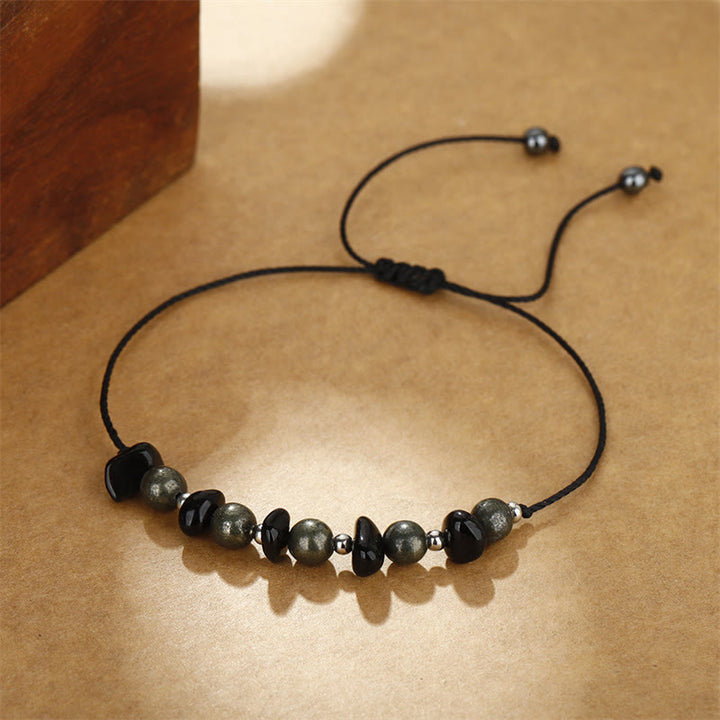 Buddha Stones I Am Protected Iron Pyrite Black Obsidian Fulfillment Bracelet - image 8