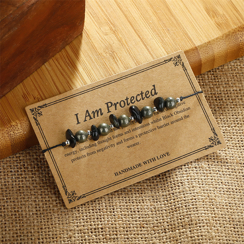 Buddha Stones I Am Protected Iron Pyrite Black Obsidian Fulfillment Bracelet - image 2